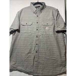 Carhartt Shirt Mens XL-Tall Gray Striped Button Up Short Sleeve Loose Fit